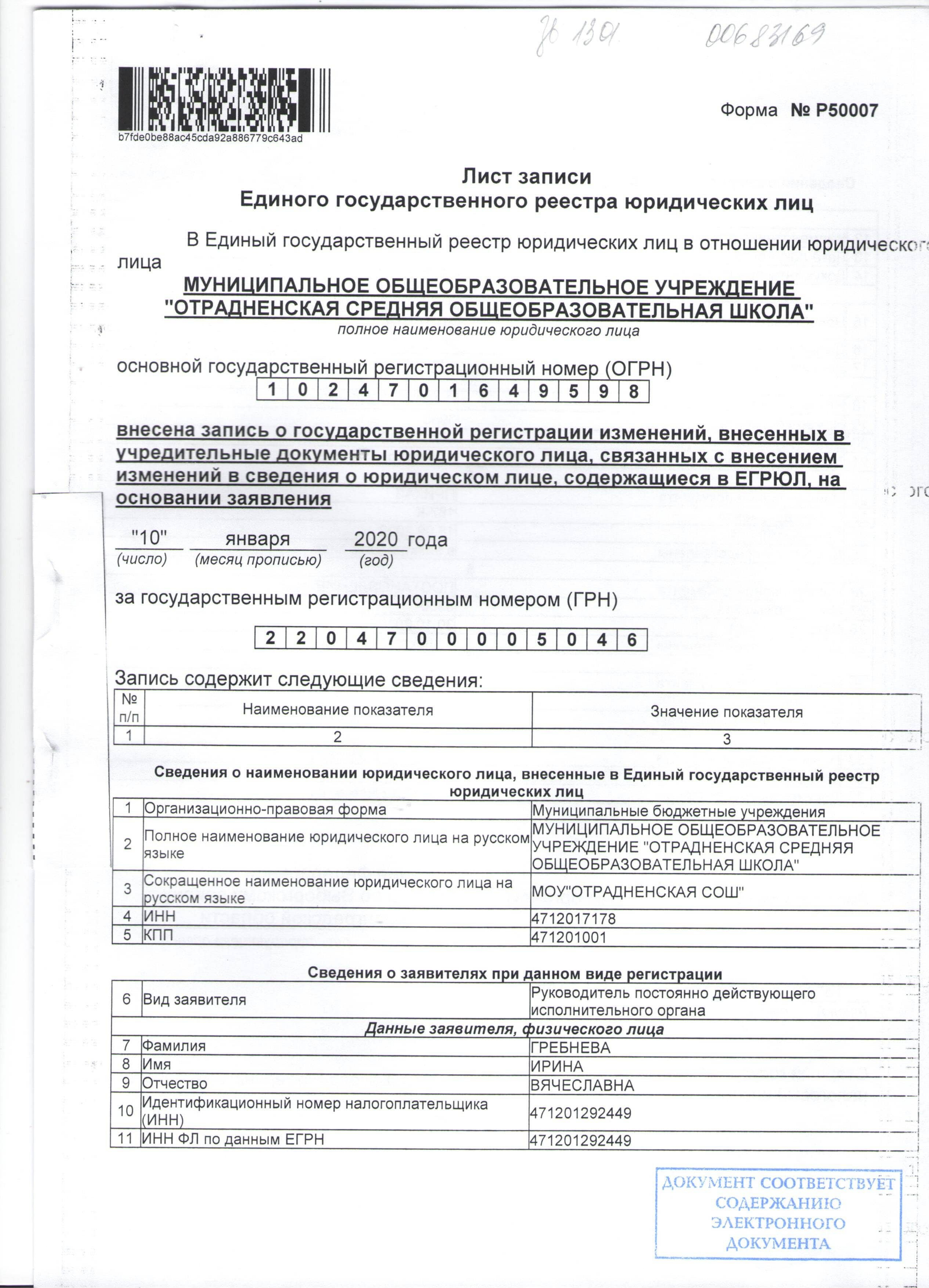 Лист записи ЕГРЮЛ.